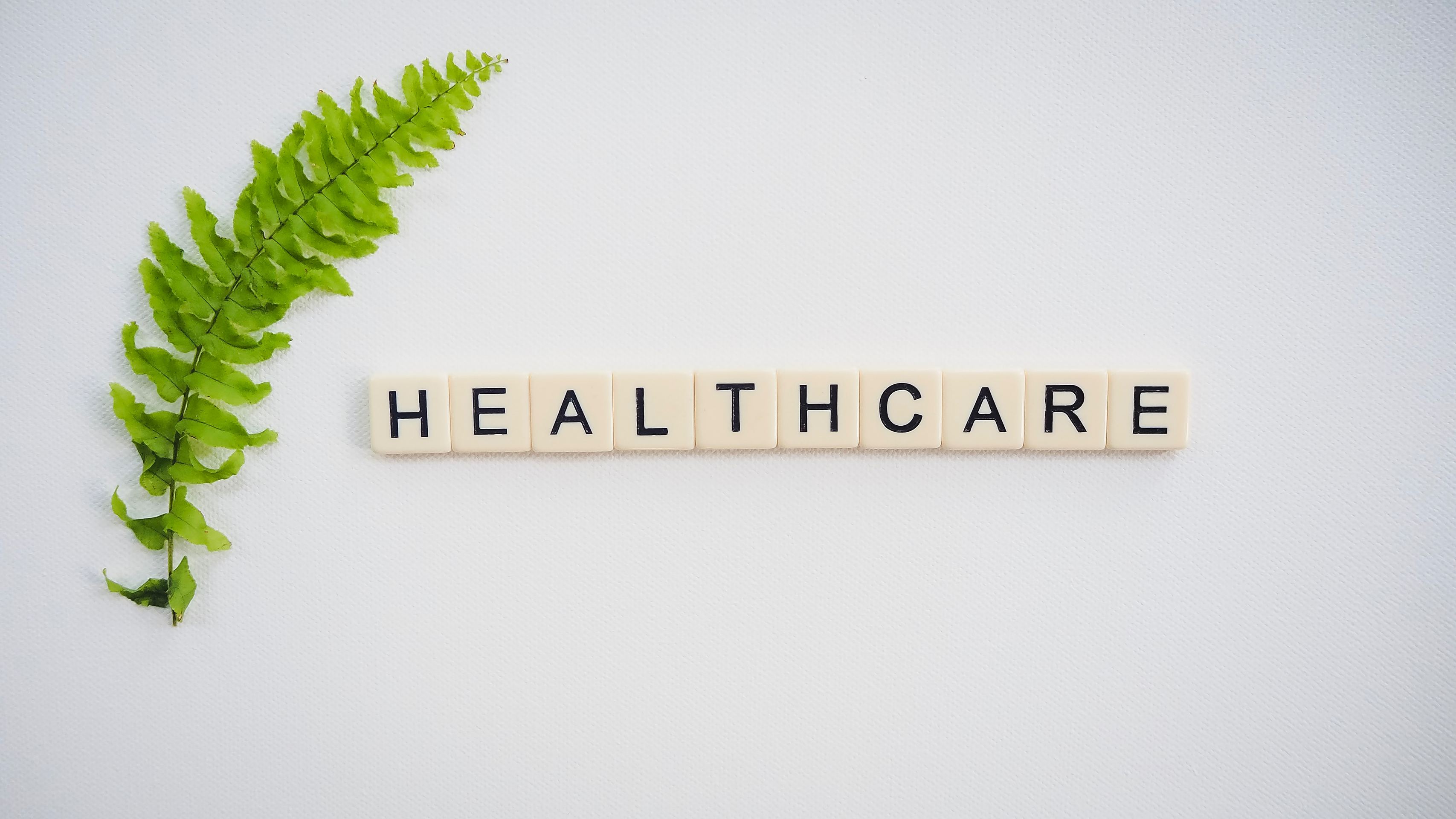 scrabble tiles spelling out the word healthcare next to a fern leaf