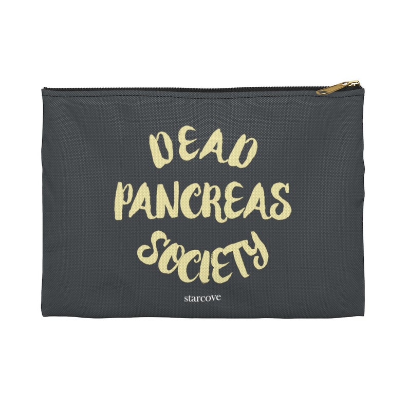 Grey bag with "Dead Pancreas Society" on it diabetes accessories